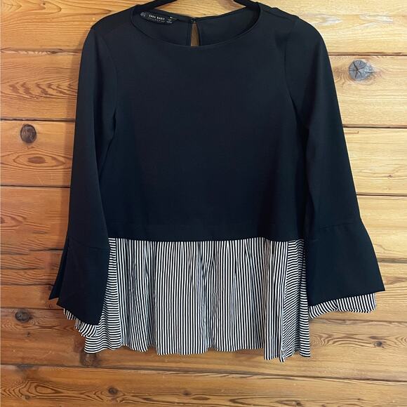 Zara Long-sleeve Blouse W Striped Hem/cuff Boat Neck Black Sz Small - Picture 1 of 5